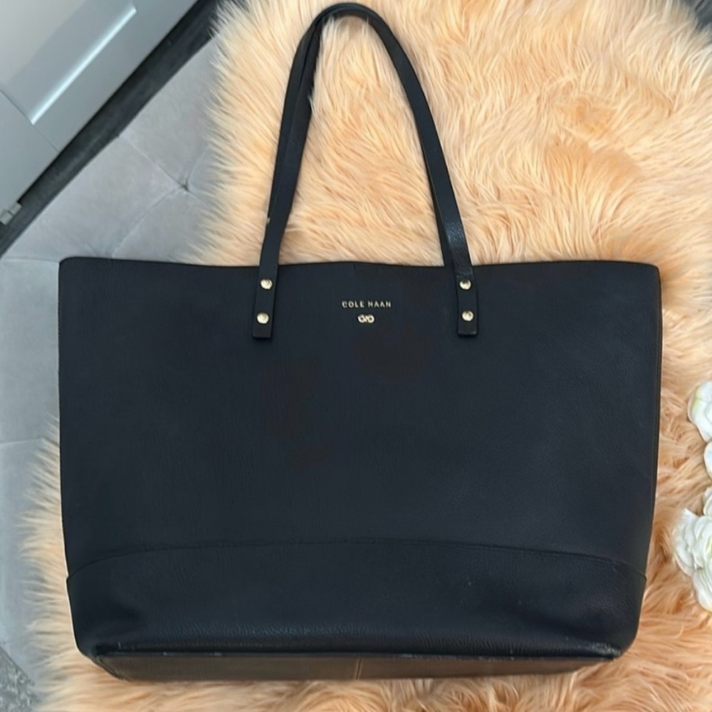 Cole Haan Black Pebbled Leather Tote Shoulder Bag Work Laptop - Picture 6 of 12